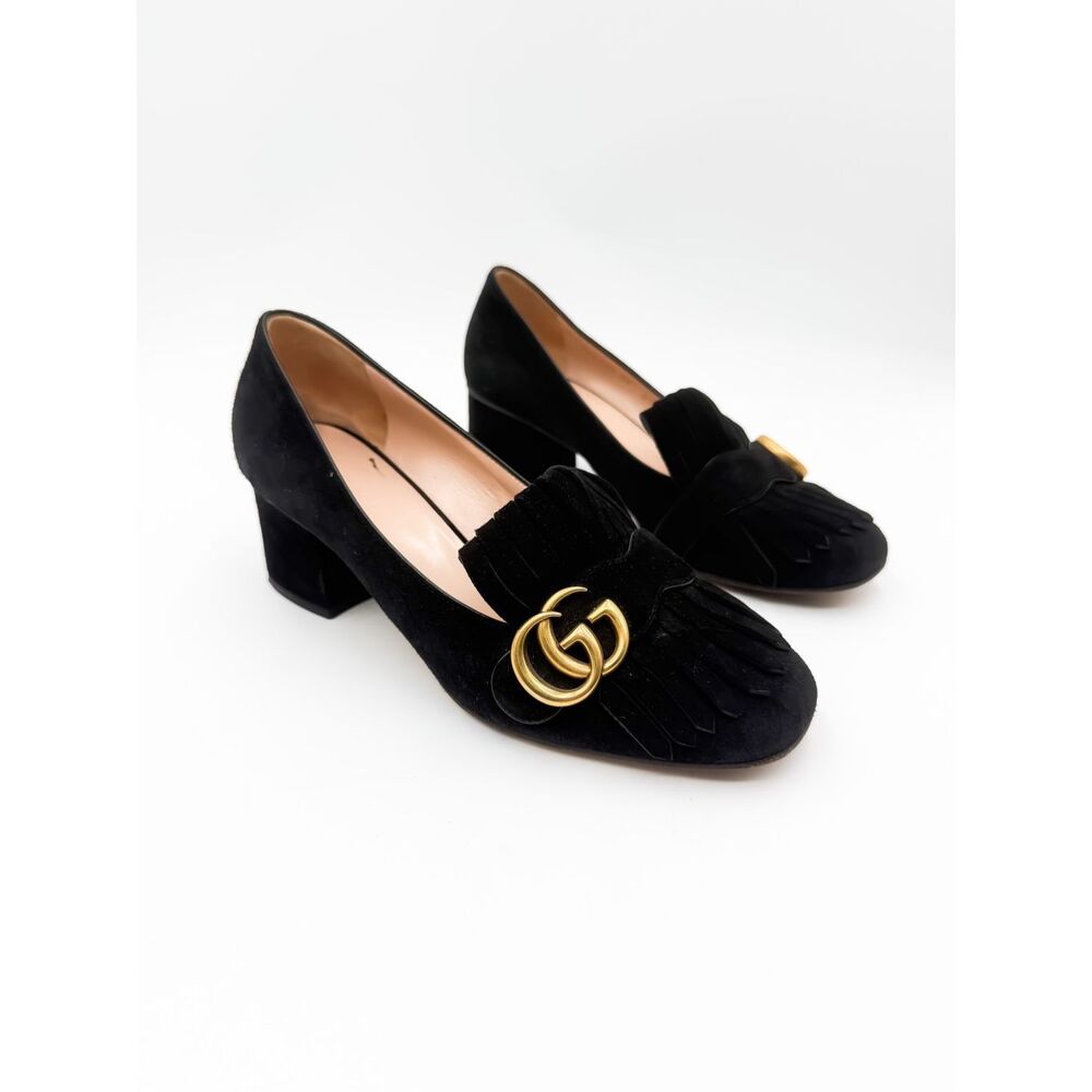 Gucci GG Marmont Loafers Pumps Kiltie Fringe Block Mid Heel EU 38 US 8